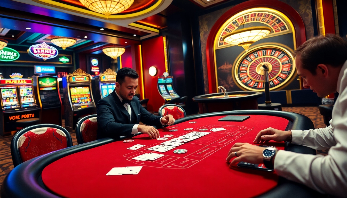 Experience intense gameplay at https://888b.report/ with players at a vibrant blackjack table in a luxurious casino setting.