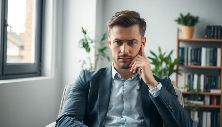 Homme pensif illustrant l'impuissance sexuelle dans un cadre moderne et apaisant.