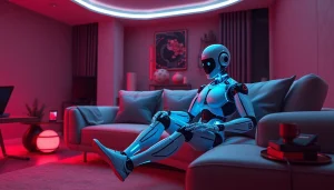 Intimate scene showcasing a sex bot in a modern living space, emphasizing companionship and technology integration.