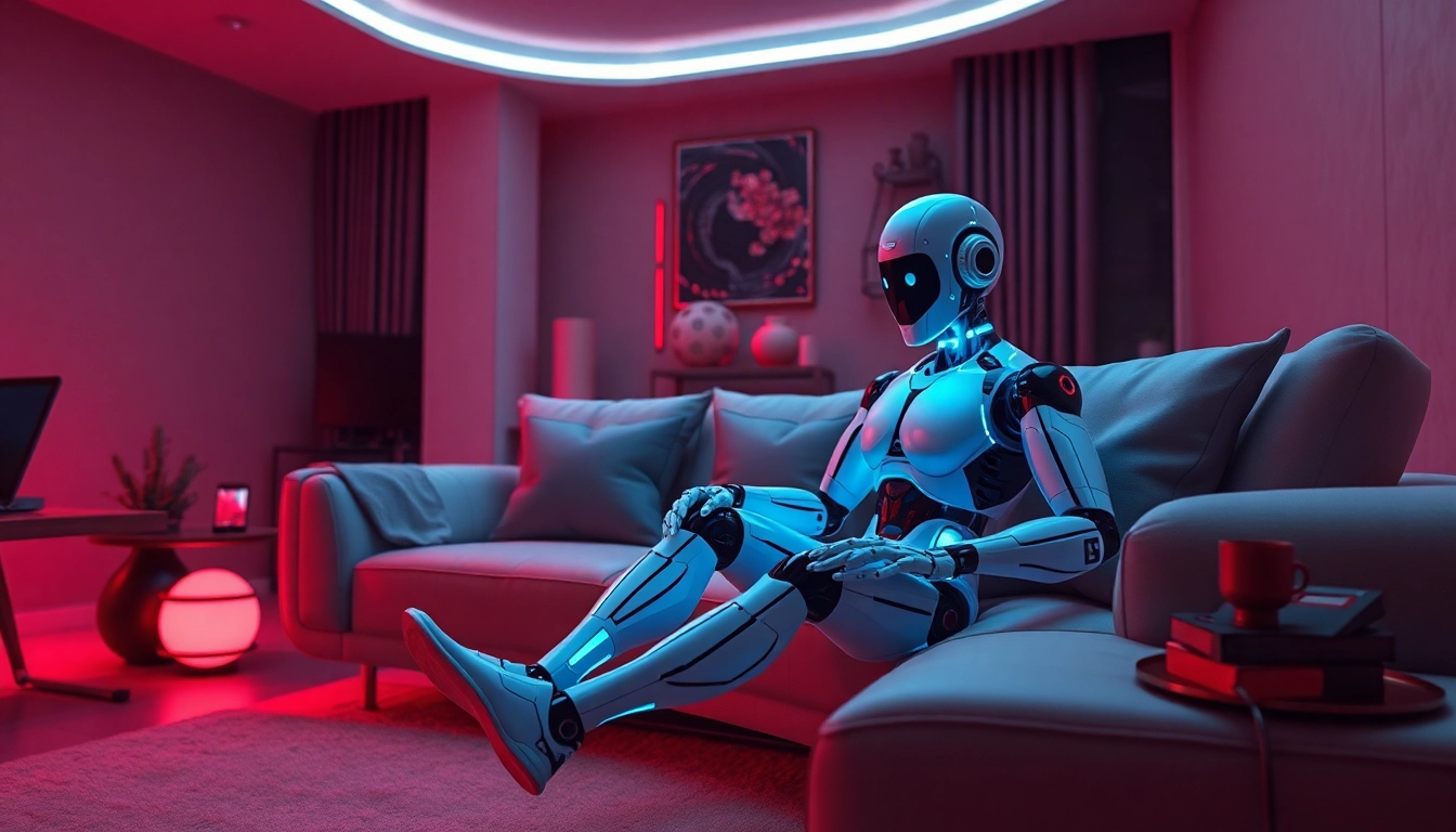 Intimate scene showcasing a sex bot in a modern living space, emphasizing companionship and technology integration.