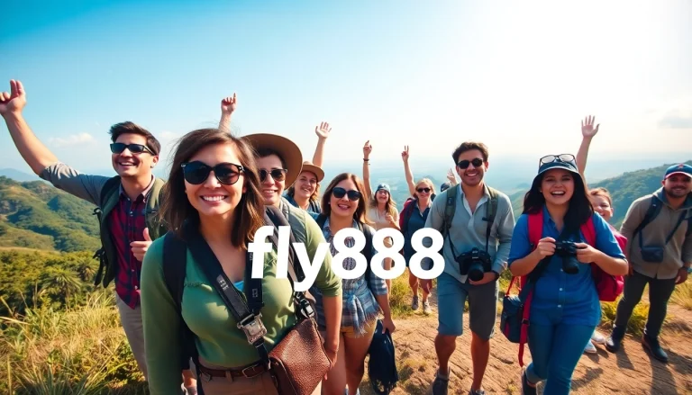 A diverse group of travelers exploring beautiful landscapes with fly888 adventures.