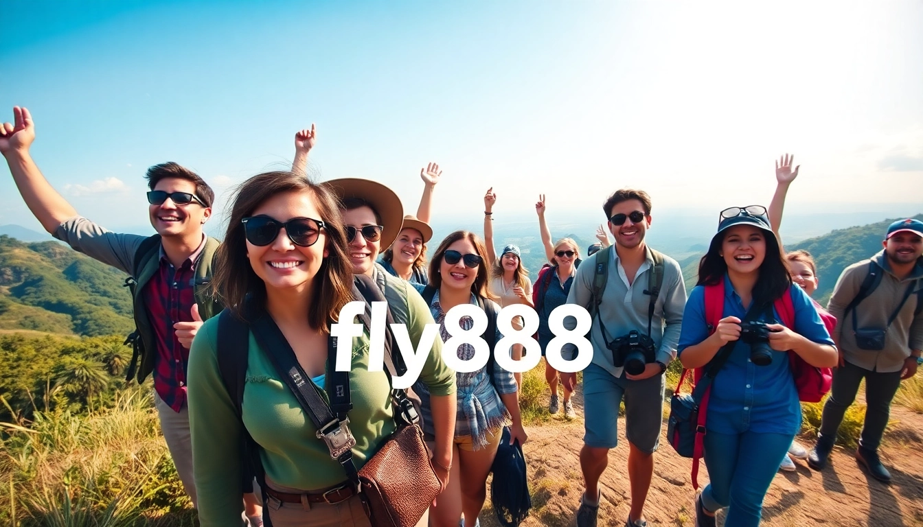 A diverse group of travelers exploring beautiful landscapes with fly888 adventures.