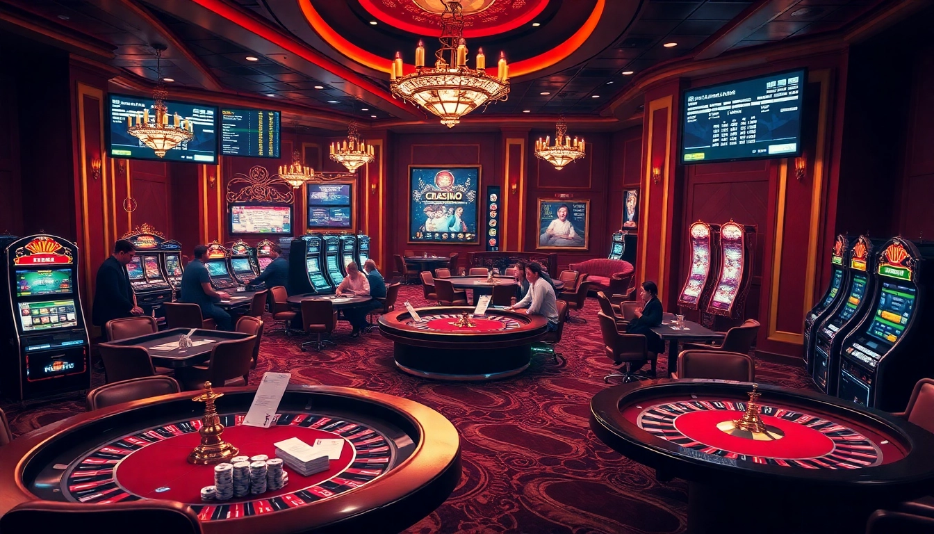 Exciting casino scene showcasing poker tables and slot machines with the link 12bet highlighted.