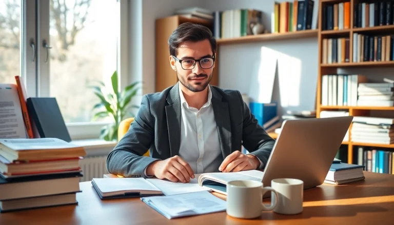 Traducteur certifié (traducteur agréé) dans un bureau chaleureux, concentré sur la traduction de documents.