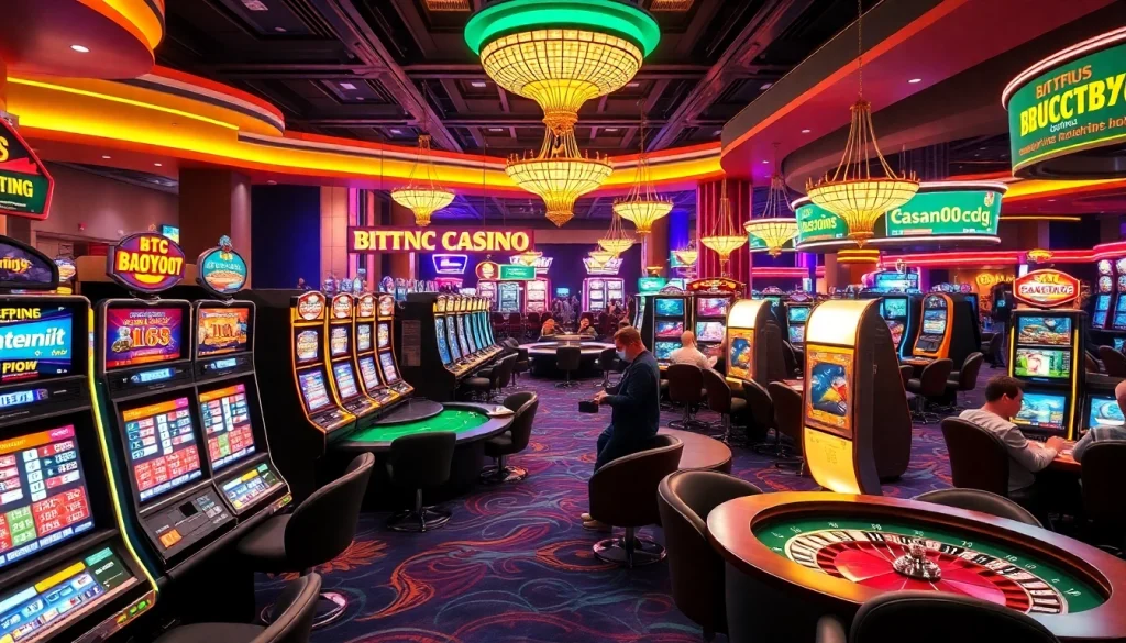 Jouer à des jeux passionnants dans un btc casino contemporain, ambiance animée et colorée.