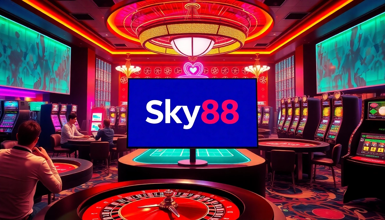 Sky88 nạp tiền displayed on a digital screen in a luxurious casino, highlighting the excitement of online gambling.