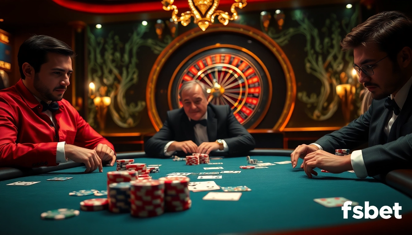 Players strategizing at a luxurious poker table, capturing the essence of fsbet.io's thrilling gambling experience.