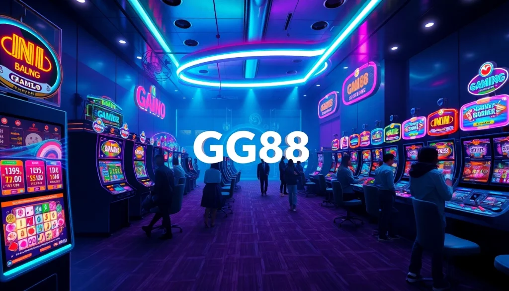 GG88 gaming slot machines in a vibrant setting with neon colors and dynamic lighting.
