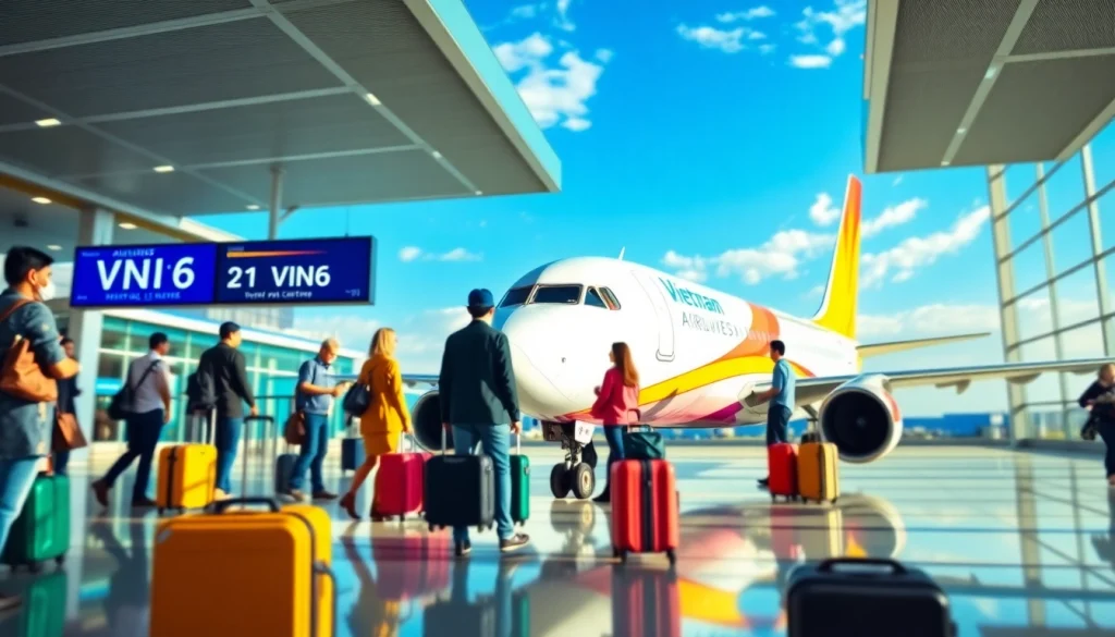 Vietnam Airlines VN6 flight depicted in a vibrant airport scene.