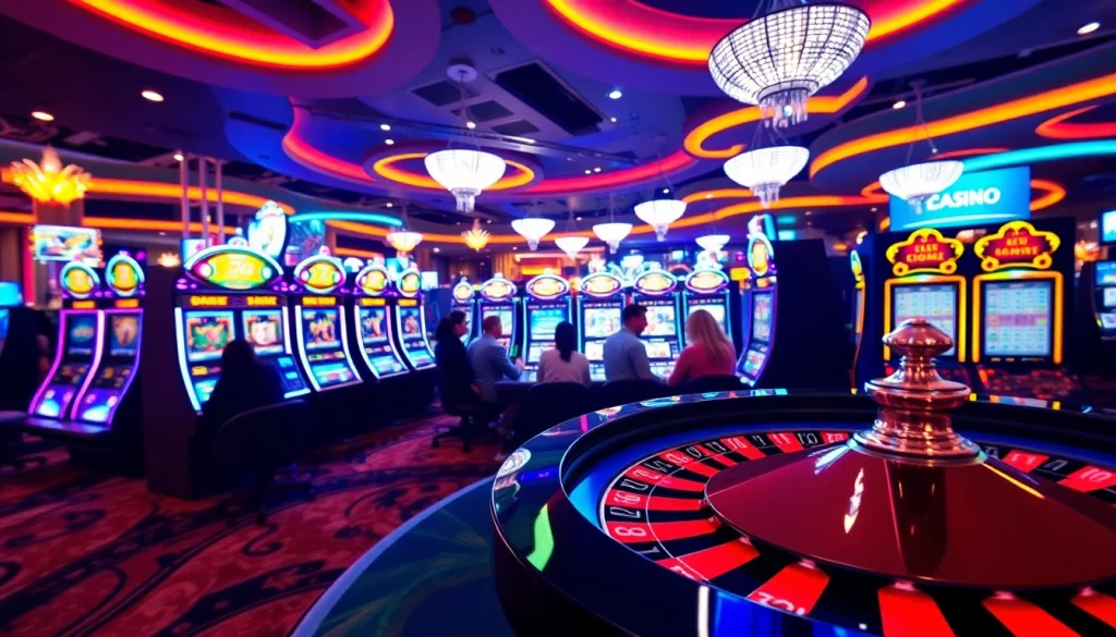 Casino belge en ligne avec des machines à sous colorées et une table de roulette animée.