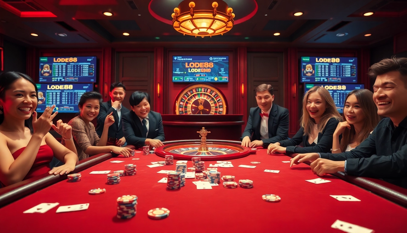 Lode88 gaming scene with poker chips, cards, and roulette wheel in a luxurious casino.