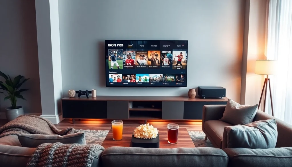 Iron TV Pro streaming in a modern living room with cozy decor.