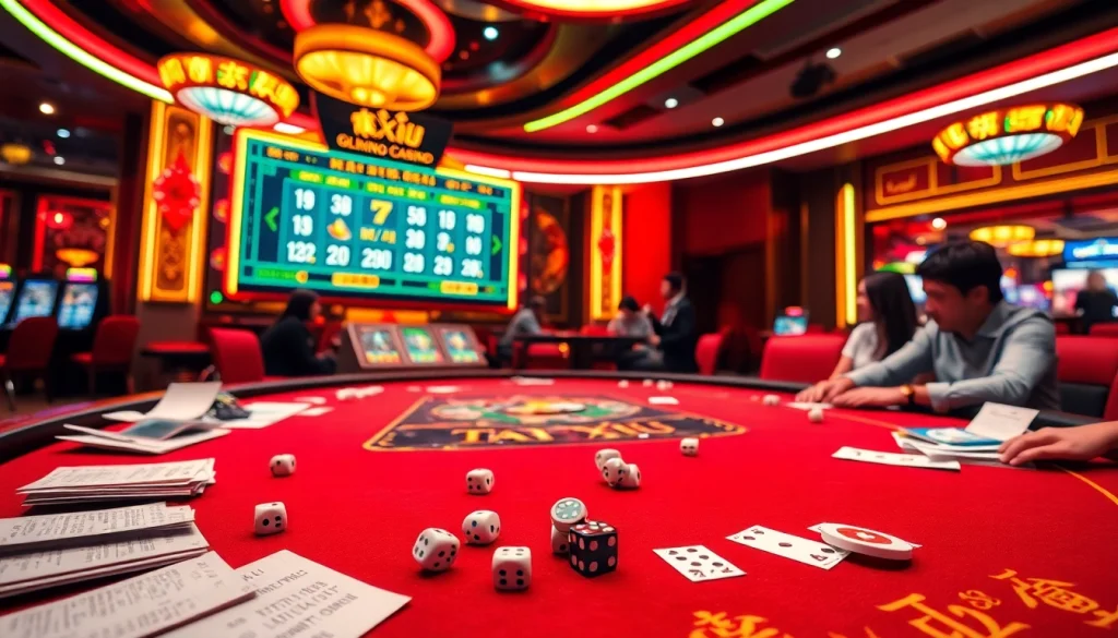 Tai Xiu online gaming scene showcasing players interacting with vibrant casino elements and dice.