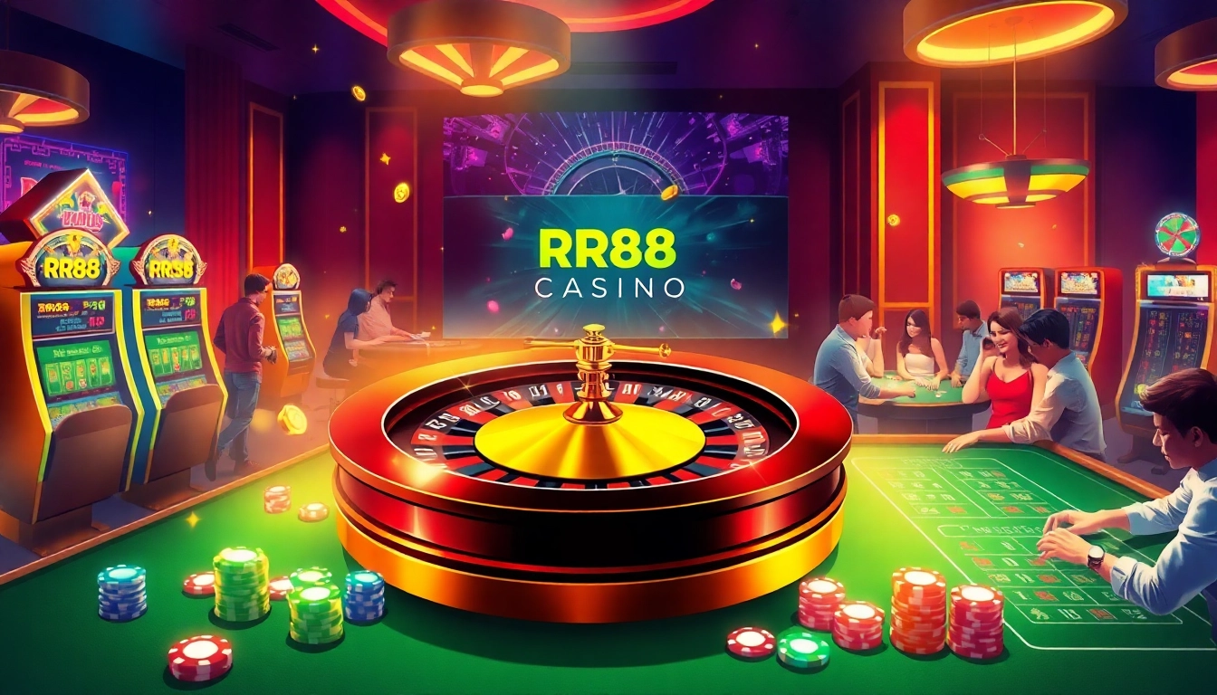 Excited players engage with the RR88 casino experience featuring elegant tables and slot machines.
