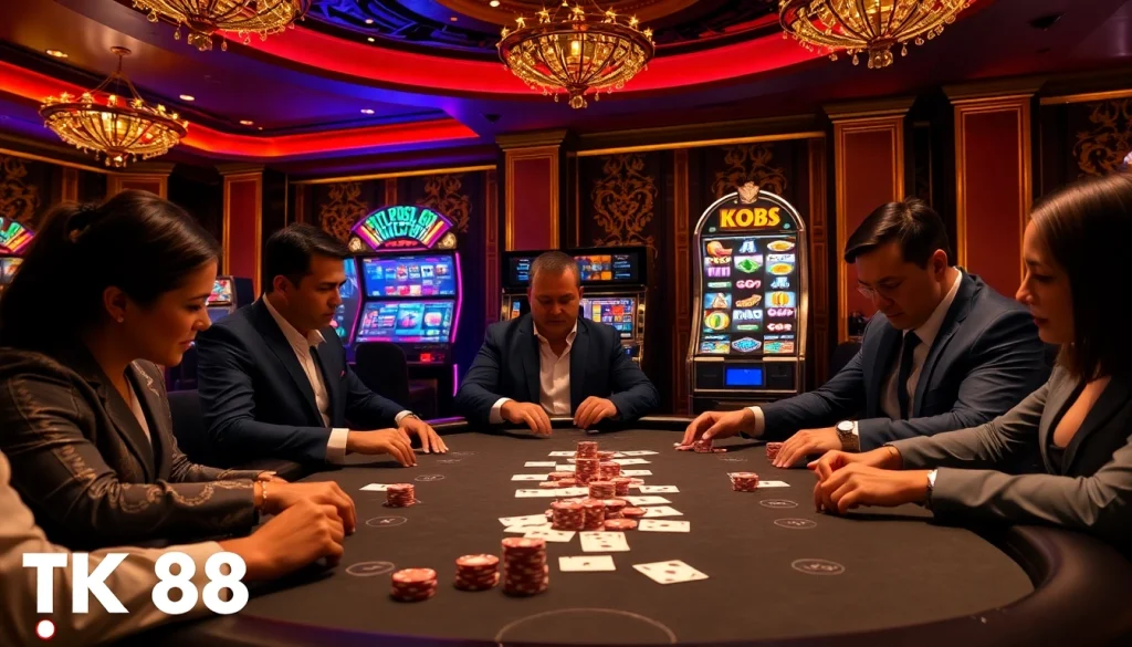 Experience the thrill of TK88 at the poker table in a luxurious casino setting.