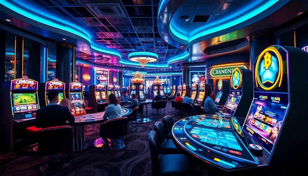 Joueurs passionnés de casino en crypto s'amusant dans une ambiance futuriste.