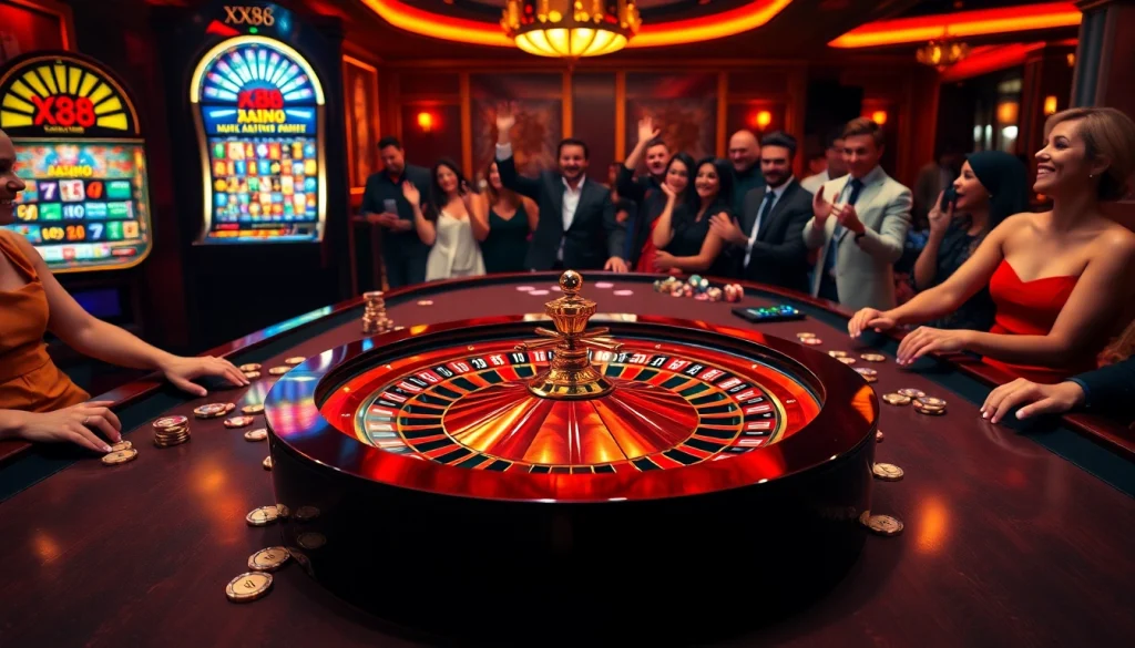 Xx88 logo shines on a poker chip in an exciting casino scene filled with roulette and slot machines.