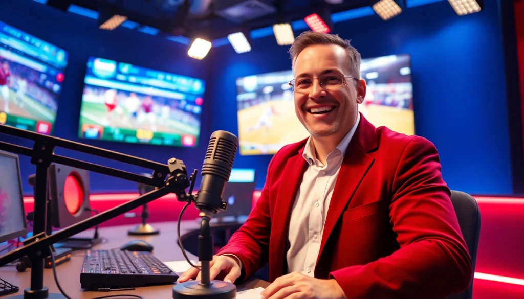 Dynamic sports broadcasting studio showcasing announcer and vibrant match visuals.