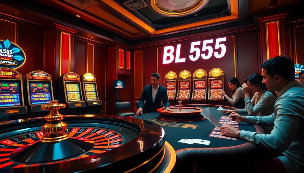 Experience the excitement of BL555 with a vibrant casino scene featuring roulette and poker elements.