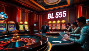Experience the excitement of BL555 with a vibrant casino scene featuring roulette and poker elements.
