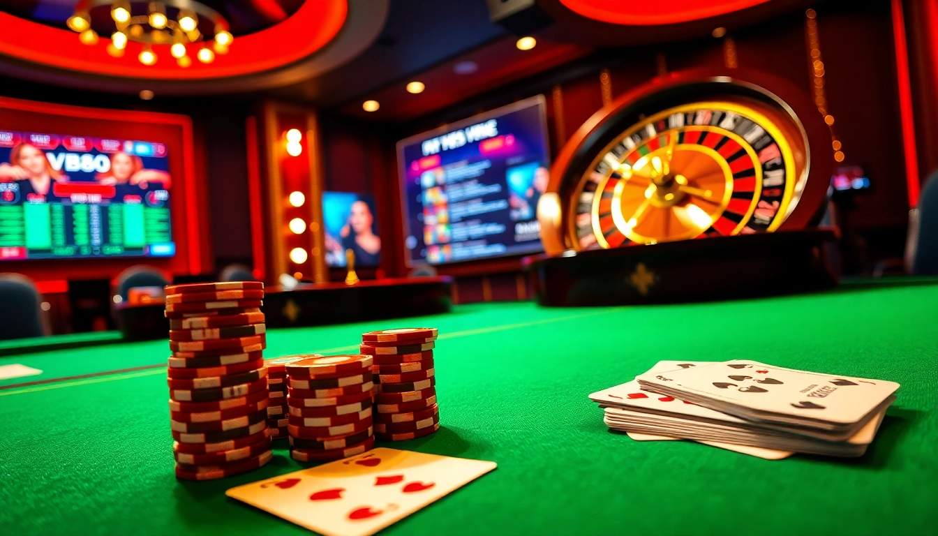 VB88 casino players engaging with colorful poker chips and exciting games.