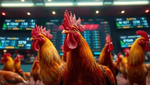 Alo789 dynamic online gambling scene with action-packed cockfighting and betting interface