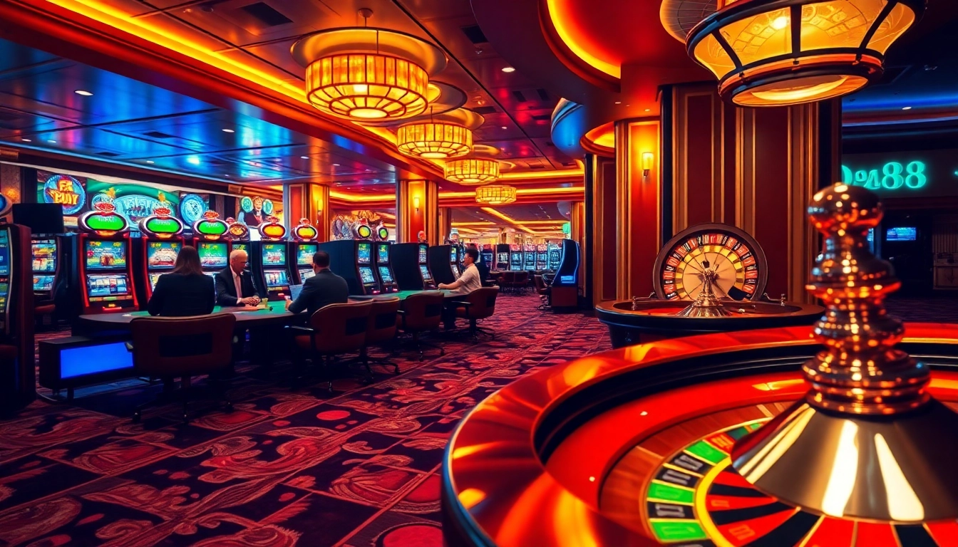 Experience the thrill of Da88 casino with lively players at poker tables and dazzling slot machines.