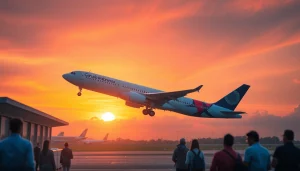 GA888 flight taking off at sunset, symbolizing travel excitement