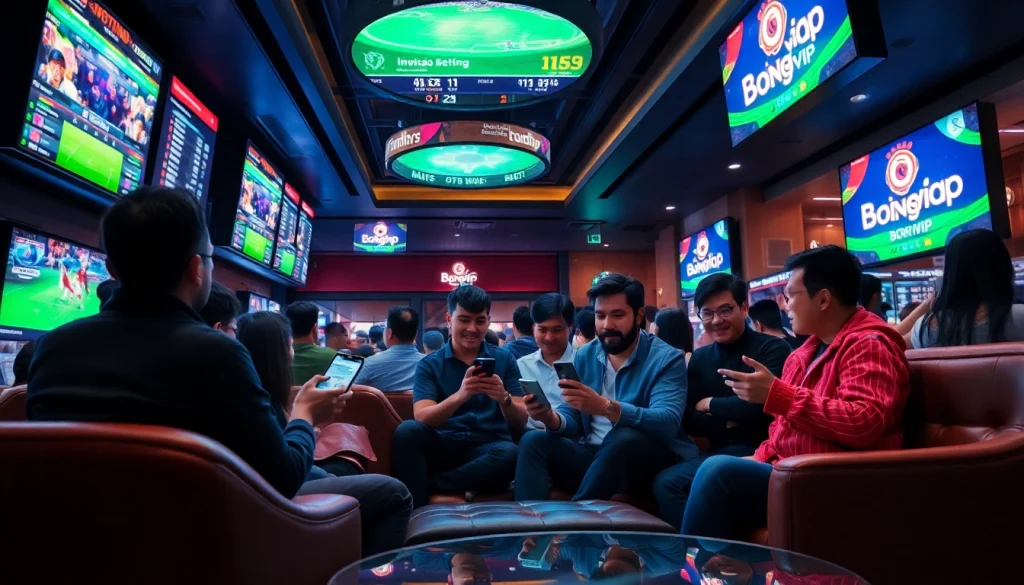 Bongvip betting scene with friends enjoying dynamic sports and casino vibes.