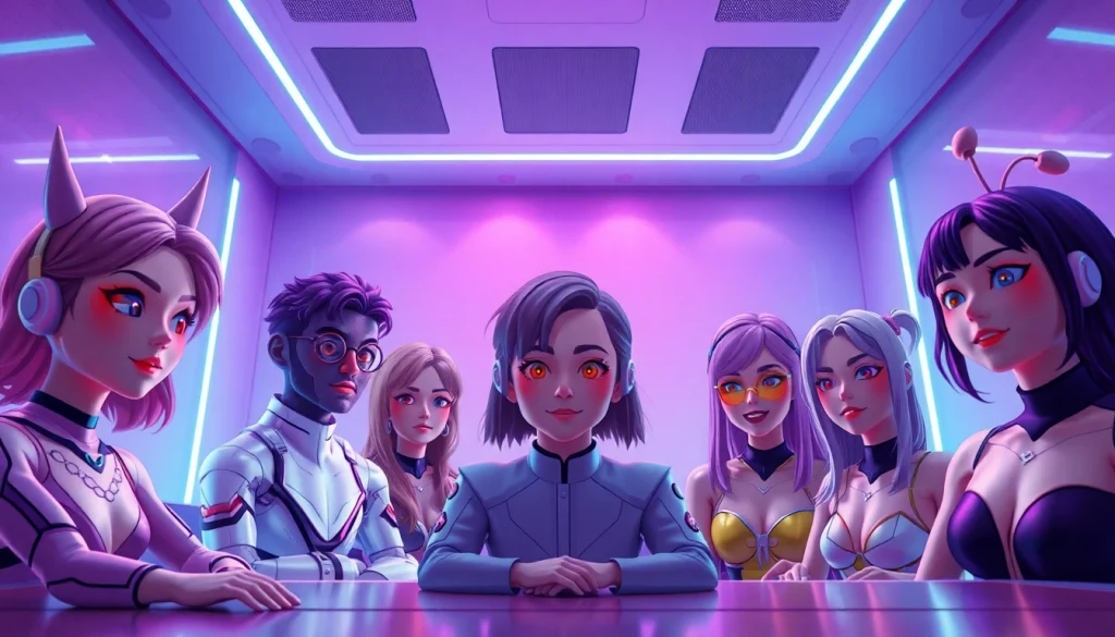 Engaging scene of a virtual chat room showcasing diverse characters in AI nsfw chat settings.