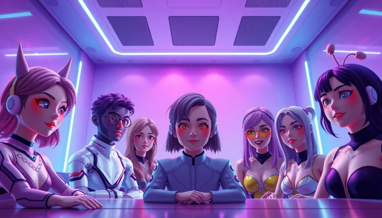 Engaging scene of a virtual chat room showcasing diverse characters in AI nsfw chat settings.