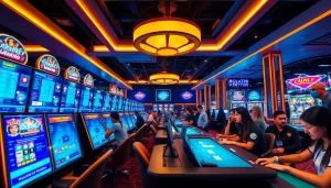 Dola789 online gambling experience with players engaged in games in a vibrant digital casino setting.