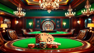 Experience luxury gambling at hitclub5br.com with poker chips and a roulette wheel in an upscale casino setting.
