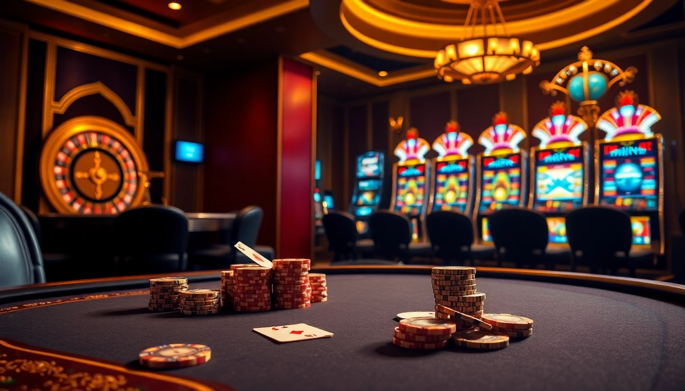 Experience the excitement of sky88.diamonds in a luxurious casino with poker chips and a roulette wheel.