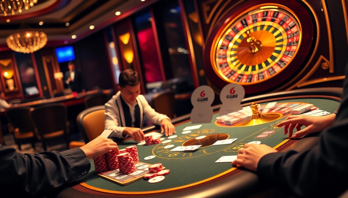 GG88 casino scene with intense poker players and an elegant roulette wheel.