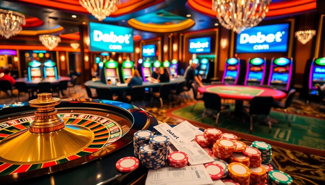 Enjoy an exciting gaming experience at Dabet com with vibrant poker tables and roulette wheels.