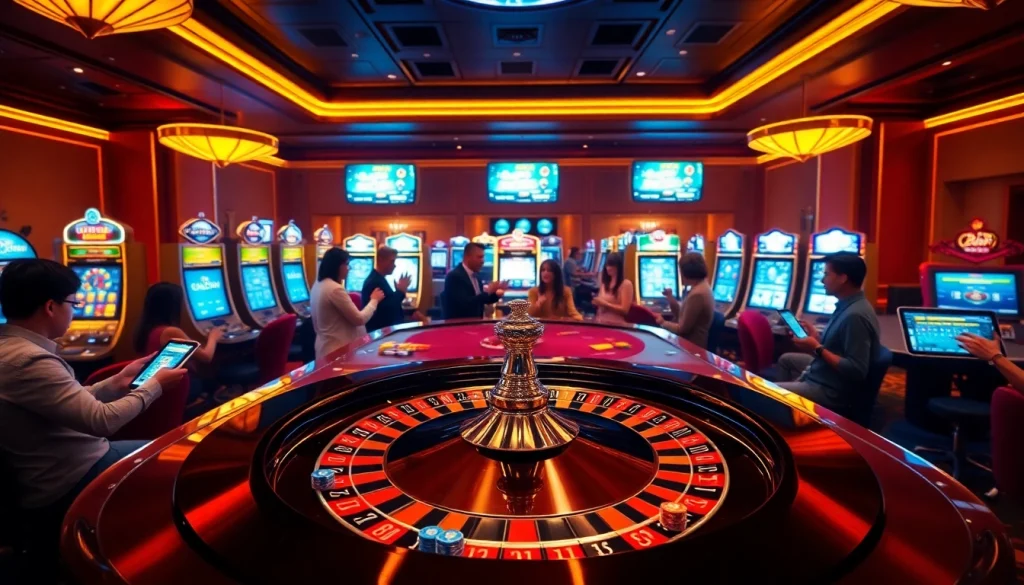 Experience the thrill of 28bet with players at a luxurious casino roulette table.
