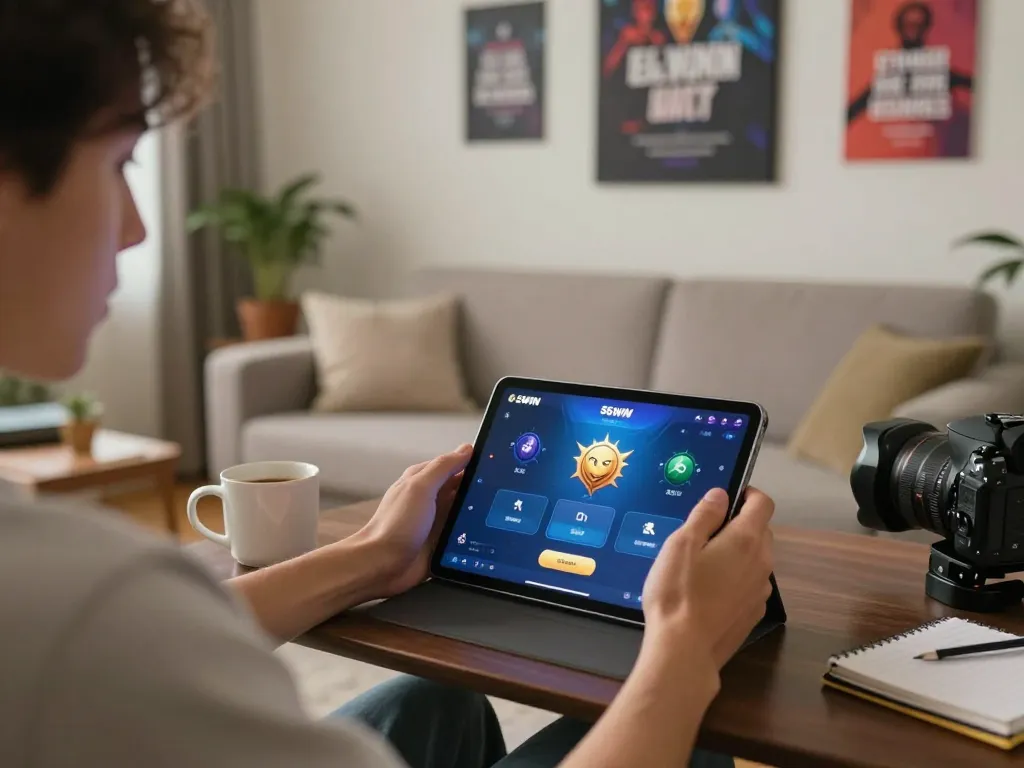 Player enjoying the 56WIN app on a tablet in a cozy home gaming setup
