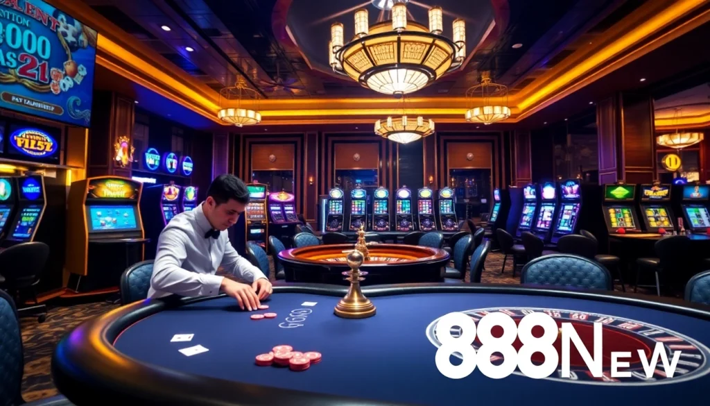 Experience high-stakes gaming excitement at 888NEW casino featuring poker tables and slot machines.