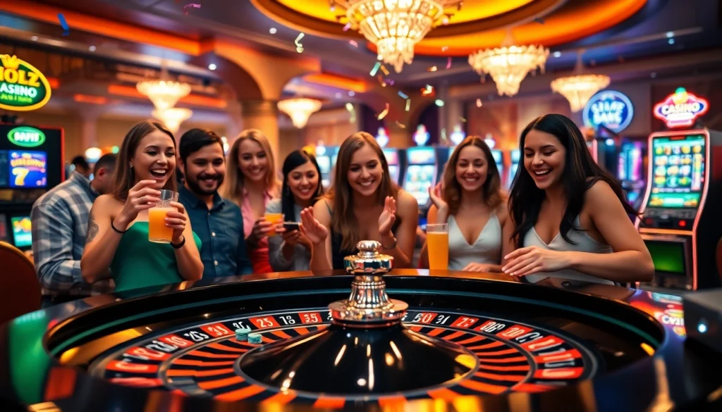 Joueurs engagés autour d'un site de casino en ligne, avec des jeux de table et des machines à sous colorées.