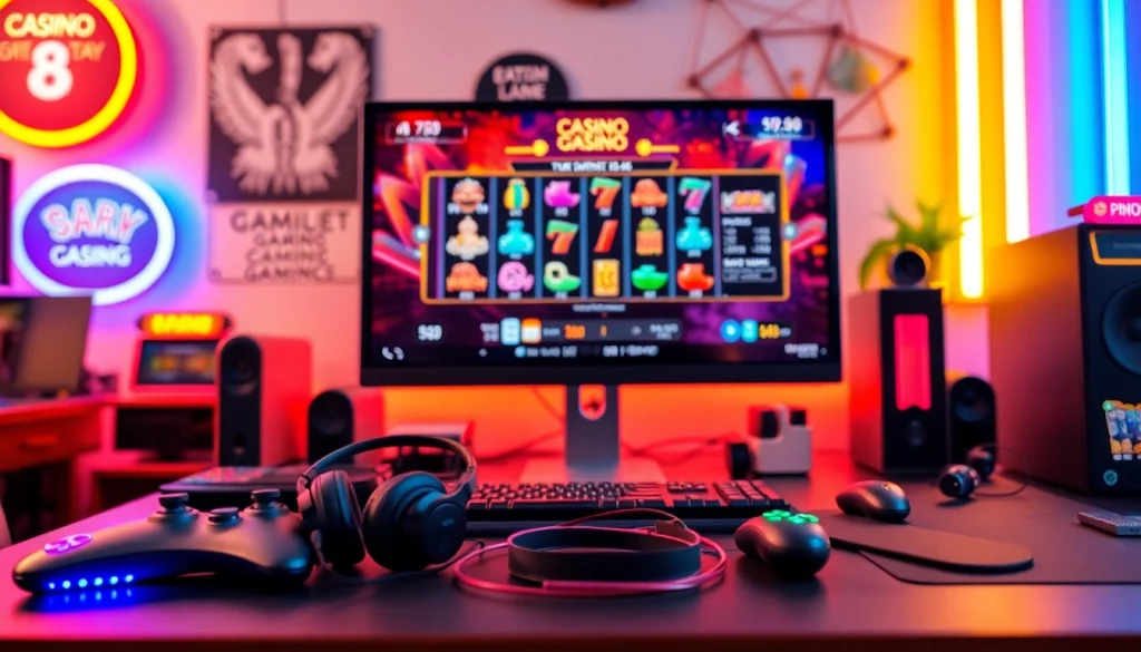 Jouer sur un site de casino en ligne avec un ordinateur moderne et des accessoires de jeu attrayants.