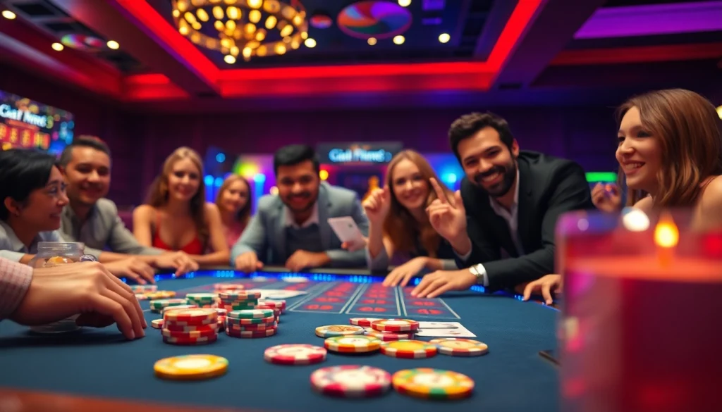 Jouer à des jeux de casino en ligne francais avec des jetons colorés et des cartes, ambiance festive.