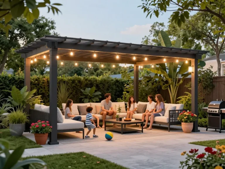 Configurateur 3D pour fabricants pergola présentant une famille profitant d'un espace extérieur de pergola magnifiquement conçu avec verdure et mobilier.