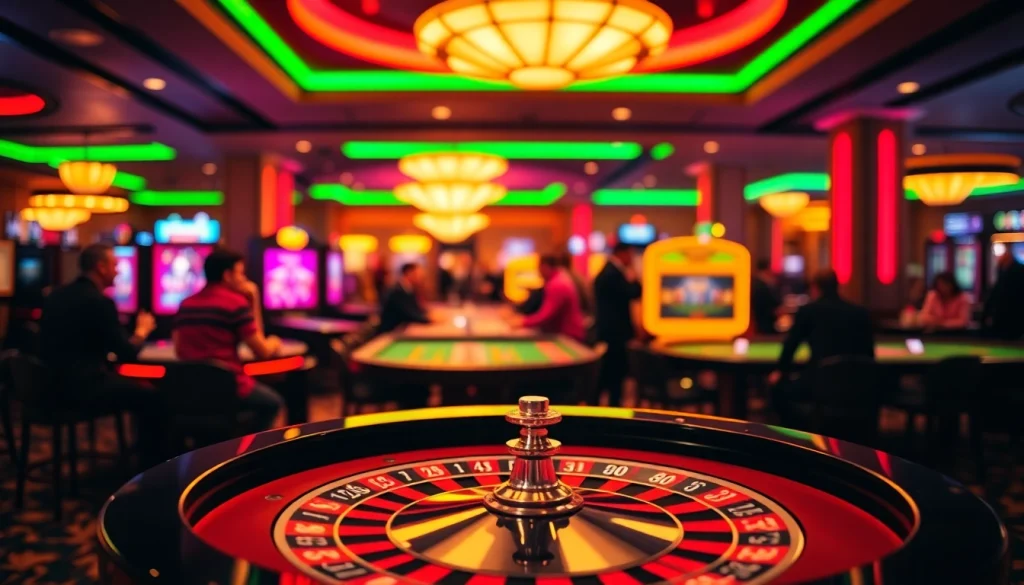 Vibrant scene of meilleur casino en ligne français with engaged players and colorful lighting.