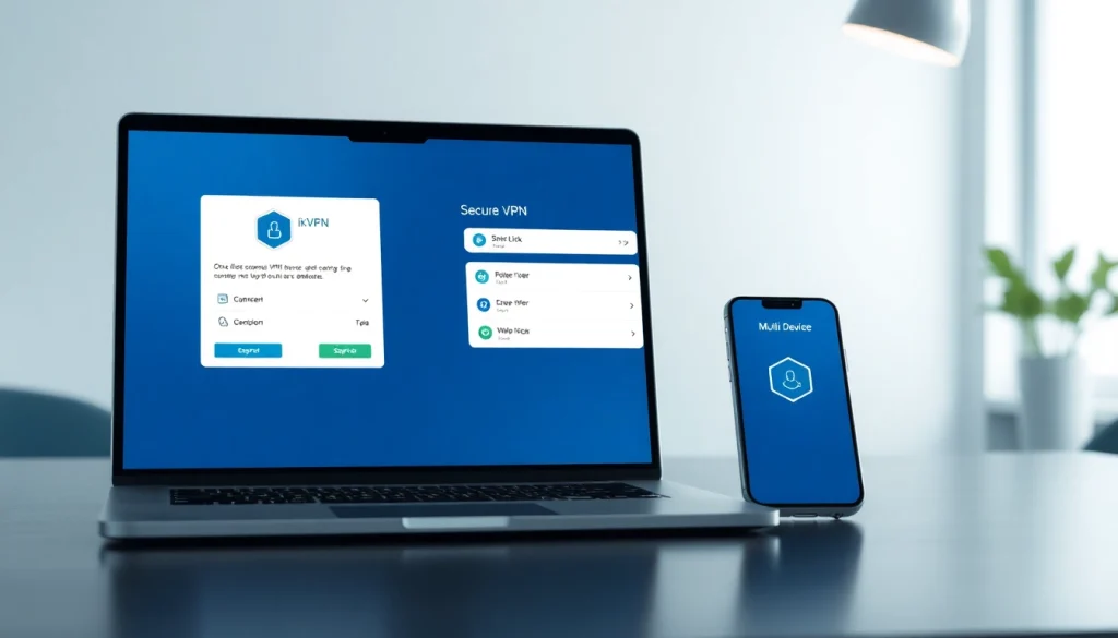 在现代工作空间中，笔记本电脑和智能手机上显示的快连VPN界面。