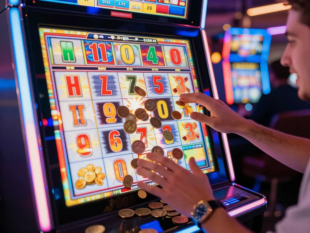 Player celebrating a big win at a slot gaco machine with coins spilling out and bright lights flashing.