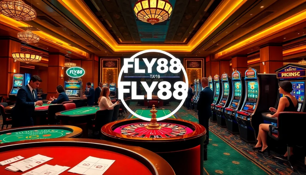 Experience luxury gambling with nạp tiền FLY88, showcasing baccarat, roulette, and vibrant slot machines.