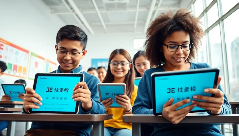 Youdao translation app used by diverse students in a modern classroom setting