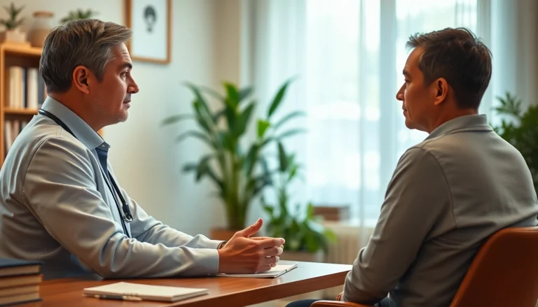 Therapist and patient discussing depression symptoms in a calming office setting.