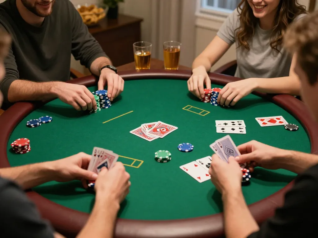 Player enjoying a poker game during a cozy home night, highlighting casino en ligne strategies for social entertainment